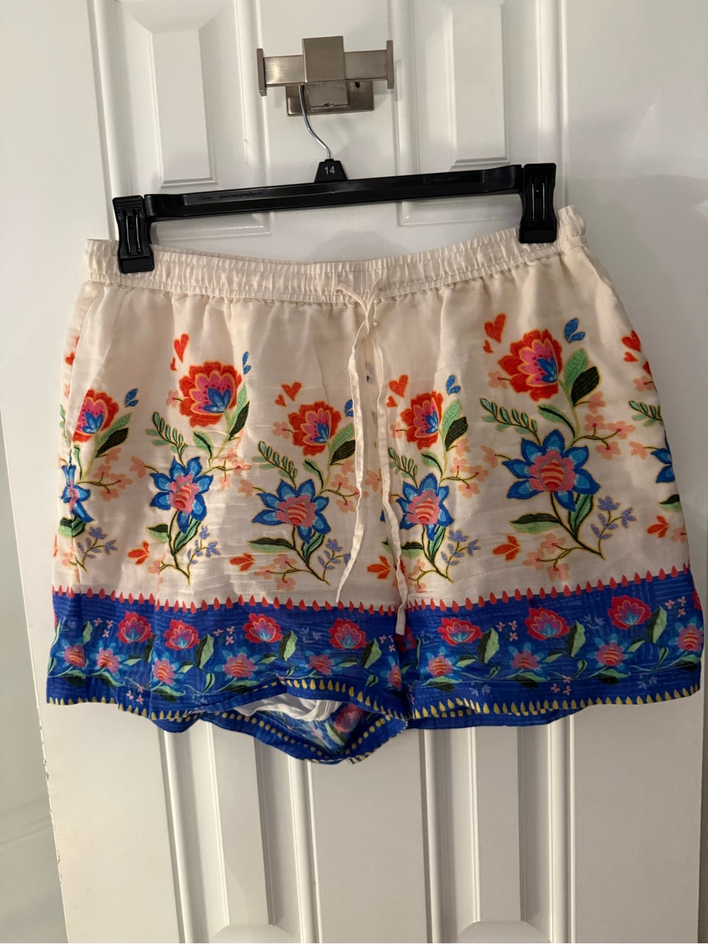 Johnny Was Cream Shorts with Blue & Multicolor Floral Embroidery